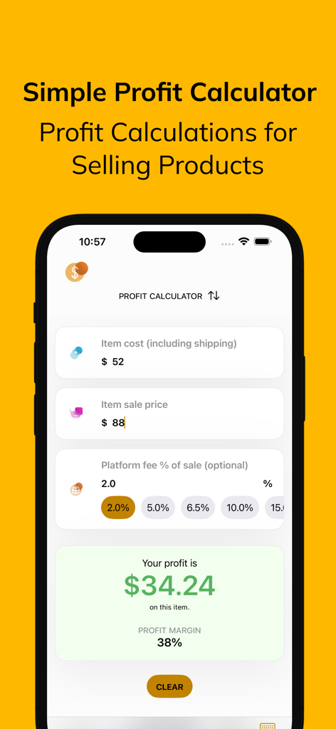 Simple Profit Calculator - Interfaz de la aplicación Calculadora de Ganancias Simple que muestra el cálculo de ganancias y margen en un iPhone