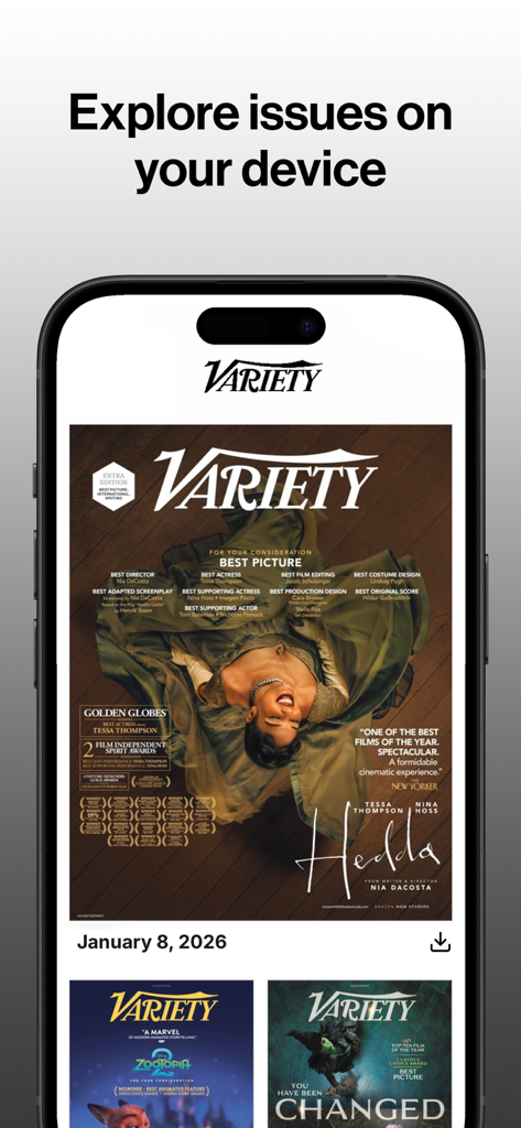 Variety mobile app screen showing digital magazine issues for entertainment business news