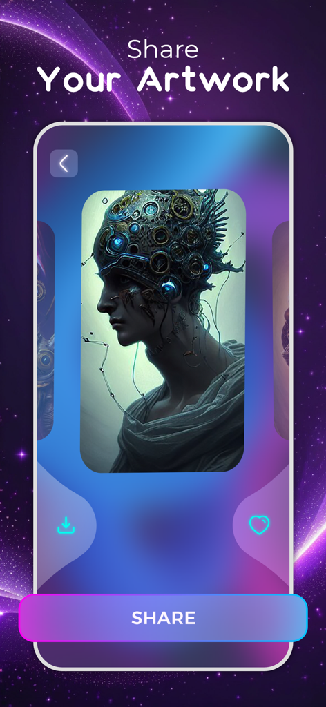 Interfaz de la aplicación móvil para compartir un retrato digital único generado por IA con un fondo cósmico.