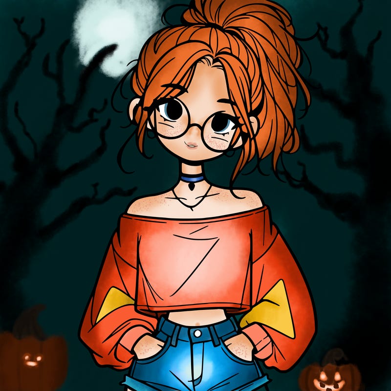 girl with a messy ponytail glasses a baggy crop top and jean shorts