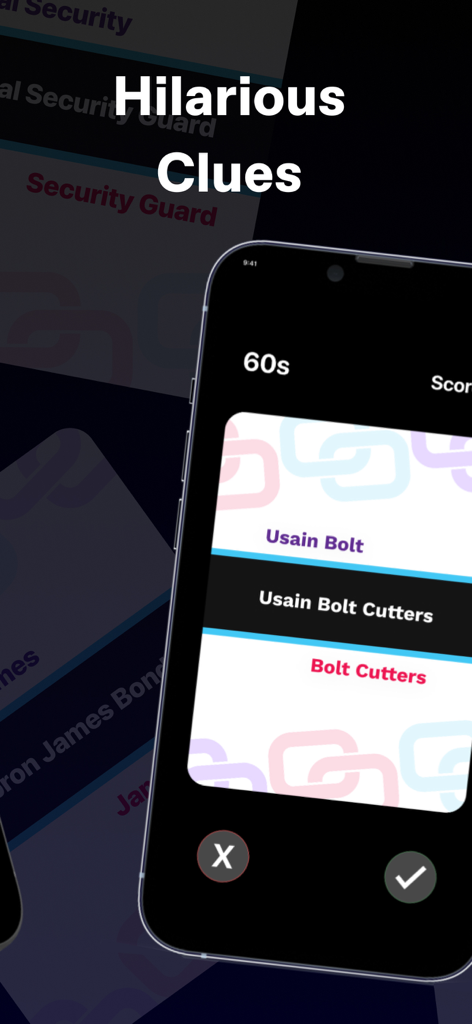 Connected Clues - Connected Clues mobile app displaying a funny word association clue with a 60 second timer