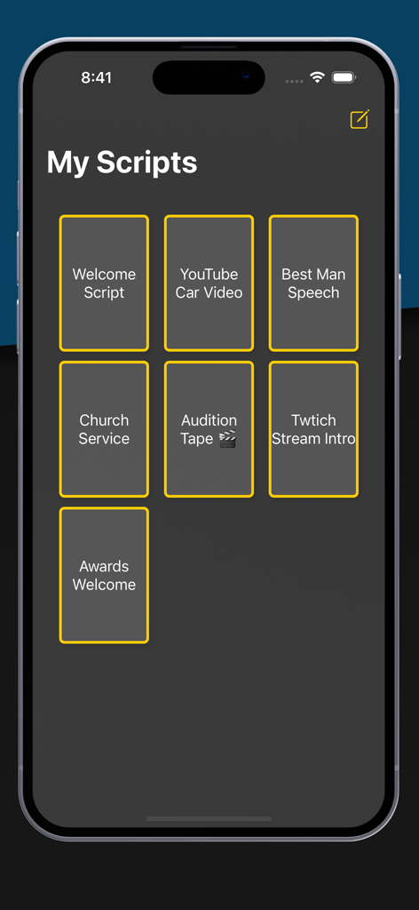 Interface utilisateur de l'application Teleprompter montrant une collection de scripts enregistrés pour différents types de vidéos.