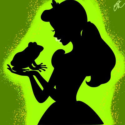 a shadow of a princess holding a frog realistic