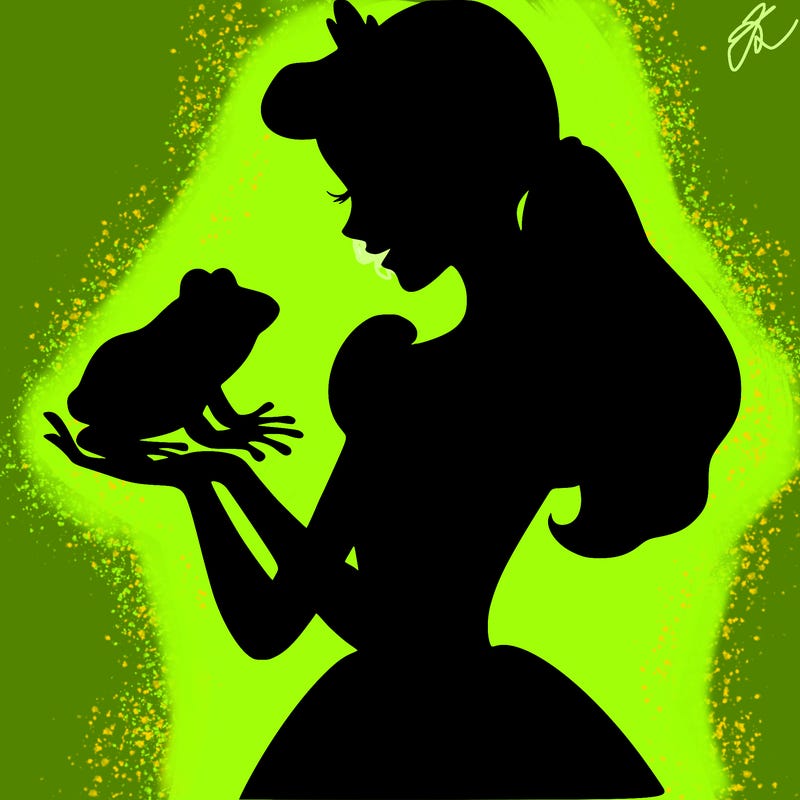 a shadow of a princess holding a frog realistic