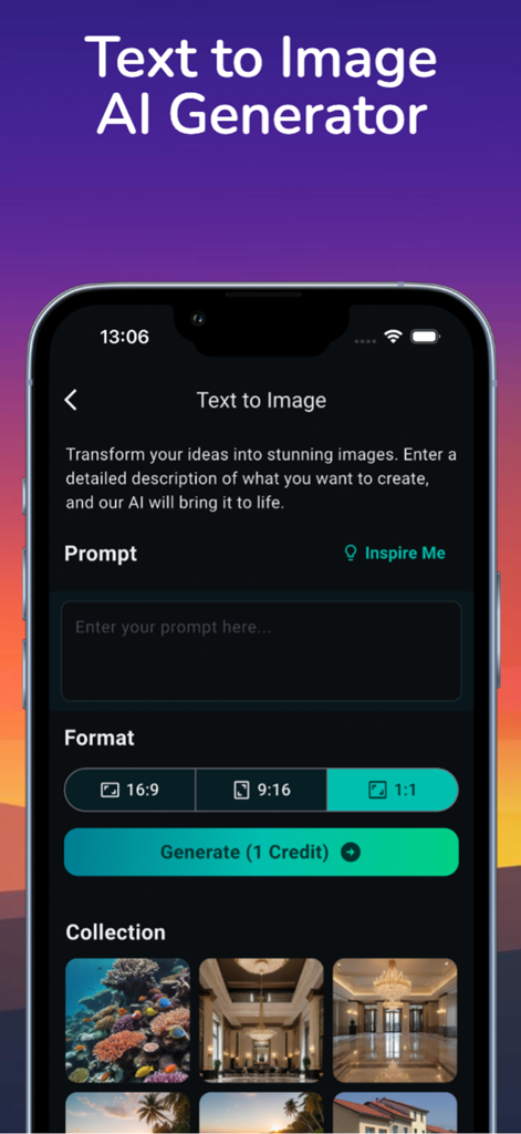AI Face Swap Video Photo Maker - Interface of the AI Text to Image generator feature showing a prompt input field and aspect ratio options