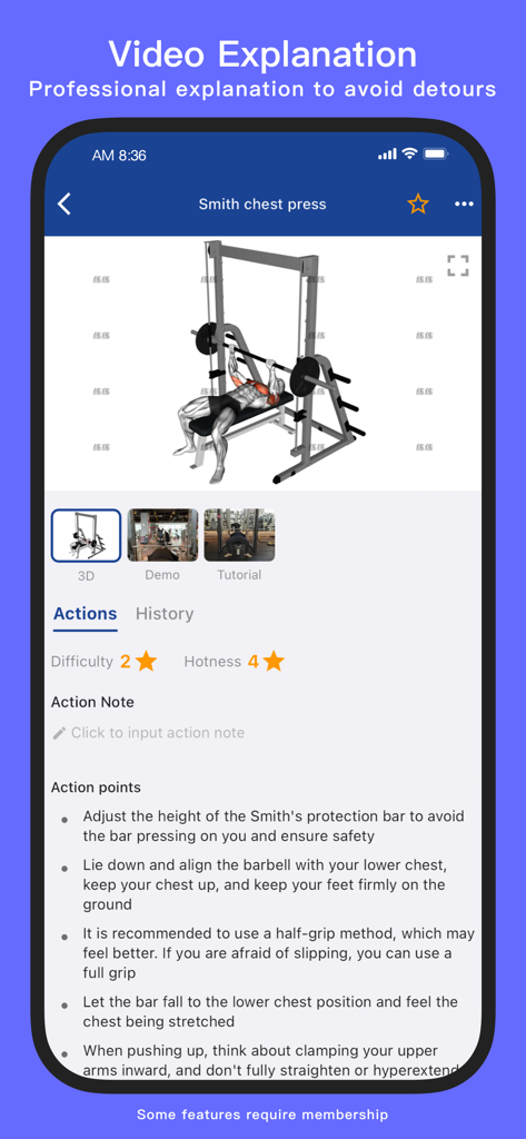 KeepStrong Gym Workout Tracker - KeepStrong App-Bildschirm, der eine 3D-Animation von Smith-Brustpressen und professionelle Technik-Anleitungen zeigt