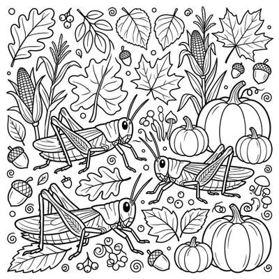 Celebrate the beauty of autumn with this detailed coloring page featuring lively grasshoppers among fall harvest elements. Immerse yourself in a festive scene of pumpkins, corn, and colorful leaves, ready for your creative touch.