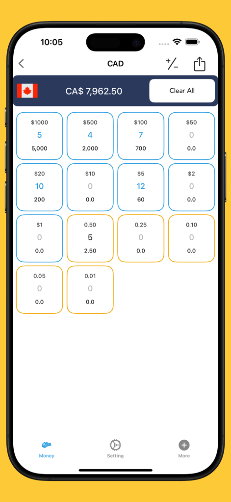 A mobile app interface of Money Counter displaying a total of CA$ 7,962.50 across various Canadian dollar denominations.