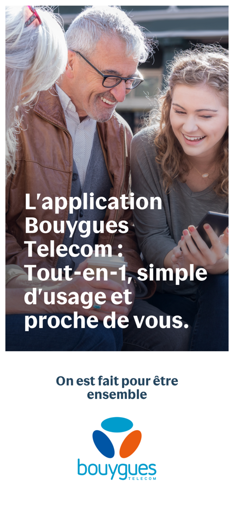 Bouygues Telecom - Drei lächelnde Personen schauen auf einen Smartphone-Bildschirm mit dem Bouygues Telecom-Logo und Slogan darunter