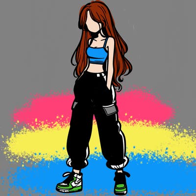 girl in baggy pants crop top and long hair