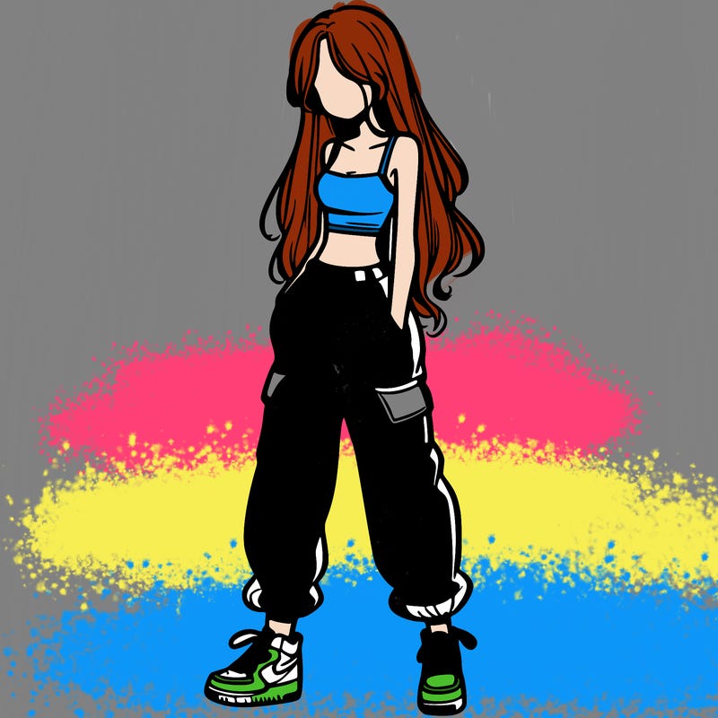 girl in baggy pants crop top and long hair