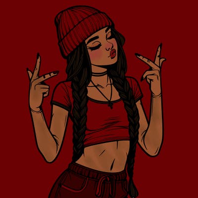 realistic teenage girl with braids and a beanie and crop top doing 🫶🏼