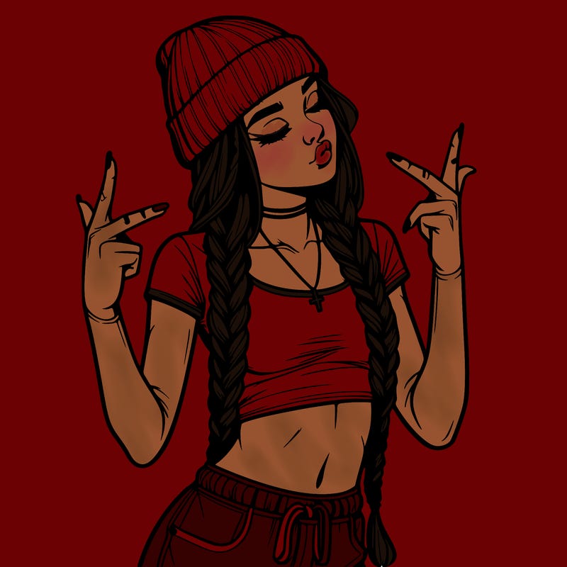 realistic teenage girl with braids and a beanie and crop top doing 🫶🏼