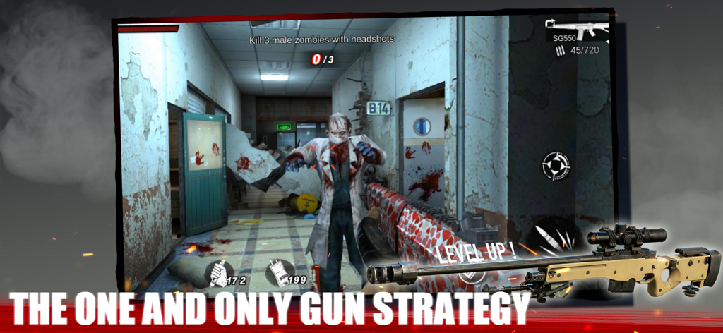 First person shooter gameplay from Zombie Frontier 4 showing a sniper rifle and a zombie in a hospital