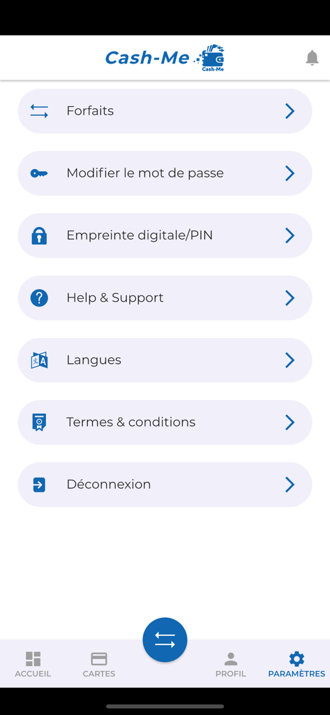 Menu de configurações do aplicativo Cash-Me mostrando opções de idioma de segurança e ajuda