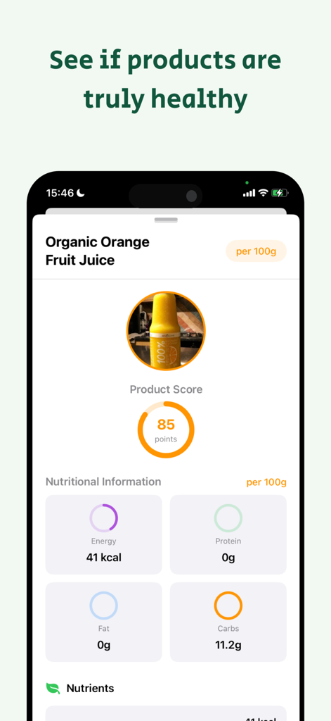 SafeEats: Food Label Scanner - SafeEats app interface displaying a product health score and nutritional facts for orange juice