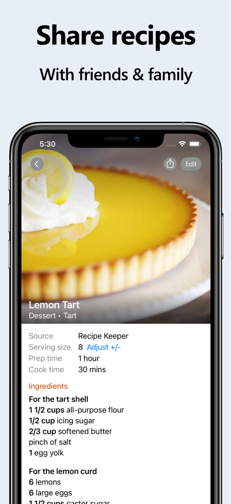 Recipe Keeper - Smartphone screen showing a lemon tart recipe in the Recipe Keeper app with a share feature.