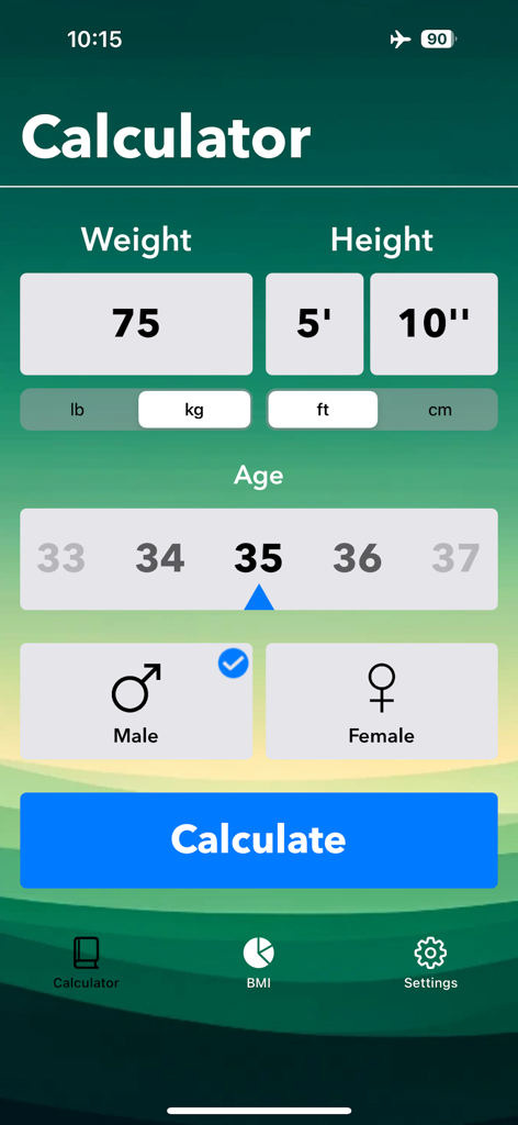 Smart BMI & Health Calculator - Interface of the Smart BMI Calculator app showing input fields for weight height age and gender selection