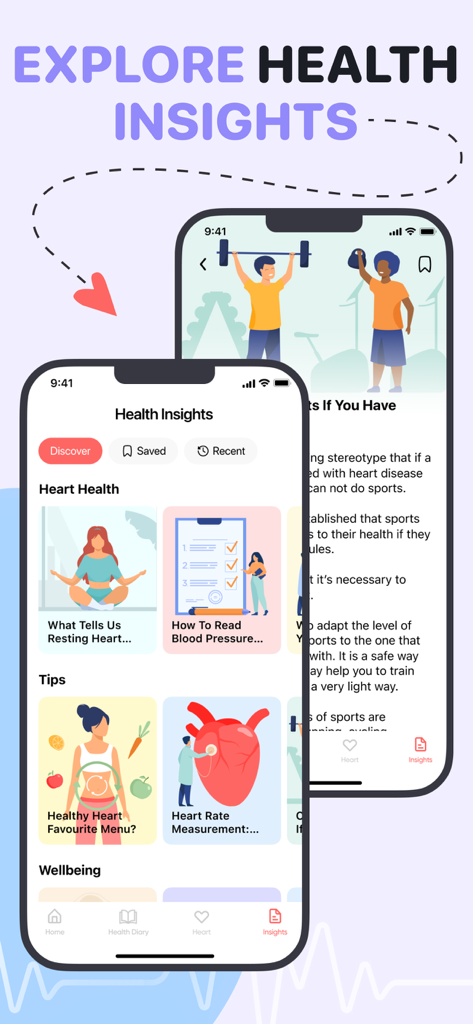 The health insights screen of the Pulse Plus app showing various wellness articles and tips.