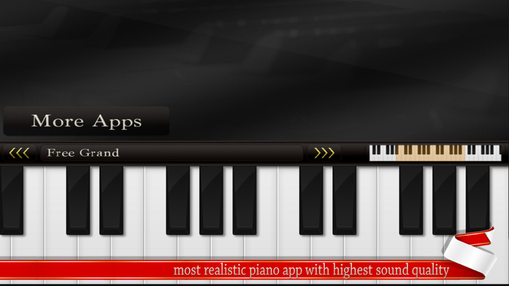 Free Piano. - Digital piano keyboard interface in the Free Piano app showing white and black keys and the Free Grand sound patch option.