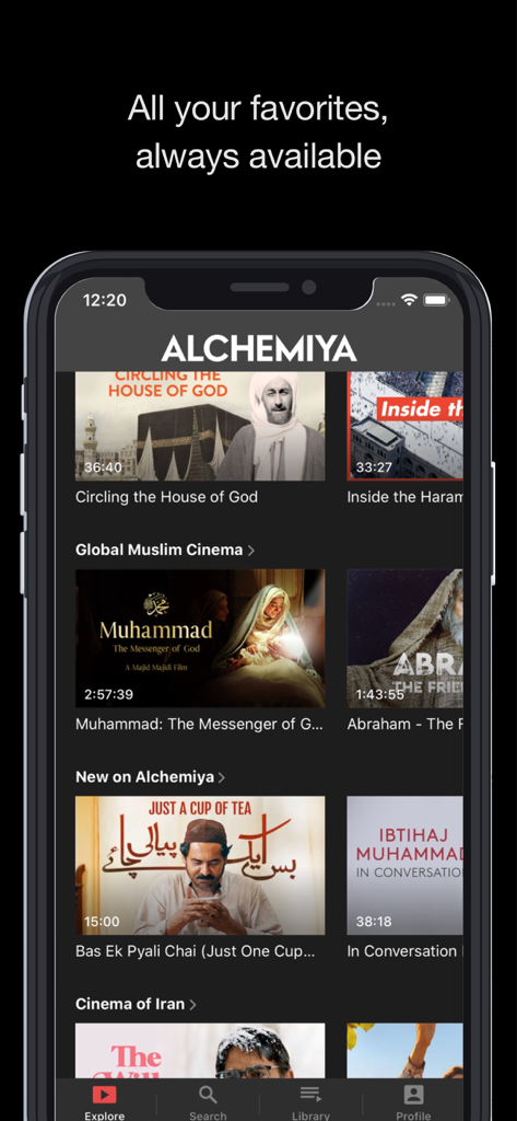 Alchemiya app interface displaying a collection of Muslim cinema movies and documentaries.