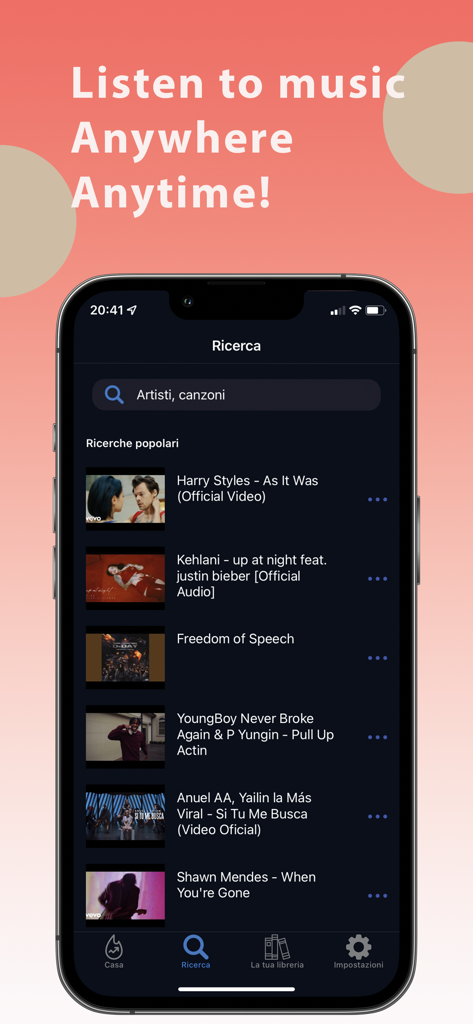 Musicase: Music Player - A search interface for the Musicase music player app featuring popular songs and artist searches