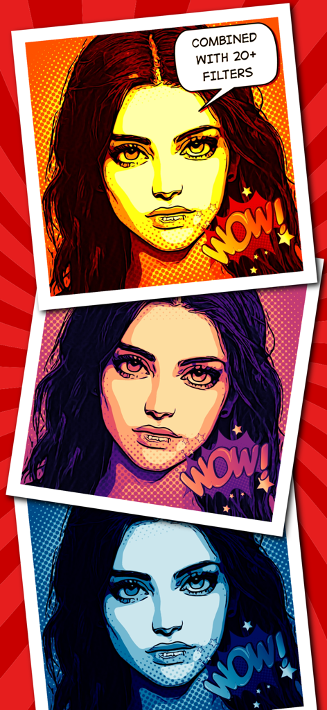 Toonita: Cartoon & Comic Maker - Three portraits of a woman showcasing different colorful comic book and pop art filters with halftone patterns