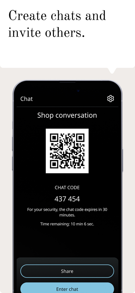 Vasco MultiTalk 앱 인터페이스에 참가자를 다국어 그룹 대화에 초대하는 QR 코드와 채팅 코드가 표시됩니다.
