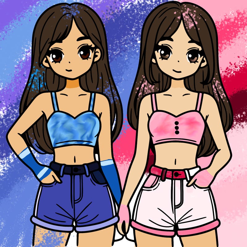 two sisters with crop tops and jean shorts and straight hair