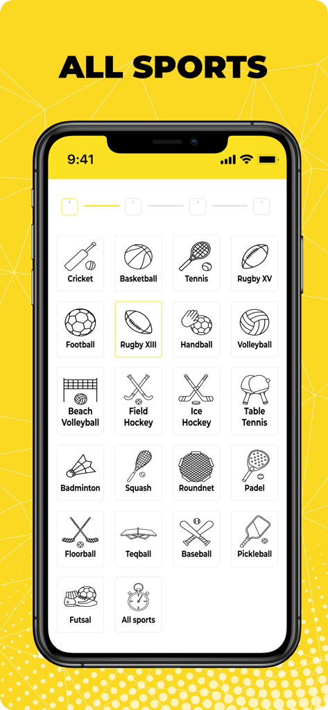 SportCam - Video & Scoreboard - Interfaccia dell'app SportCam che mostra una griglia di icone per vari sport tra cui calcio, tennis e pickleball.