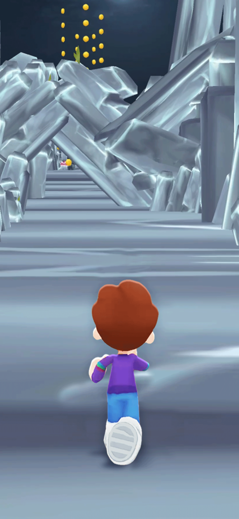 Kooply Run: Subway Craft - Kooply Run Subway Craftで金貨を集めながら氷の結晶のトンネルを走るキャラクター