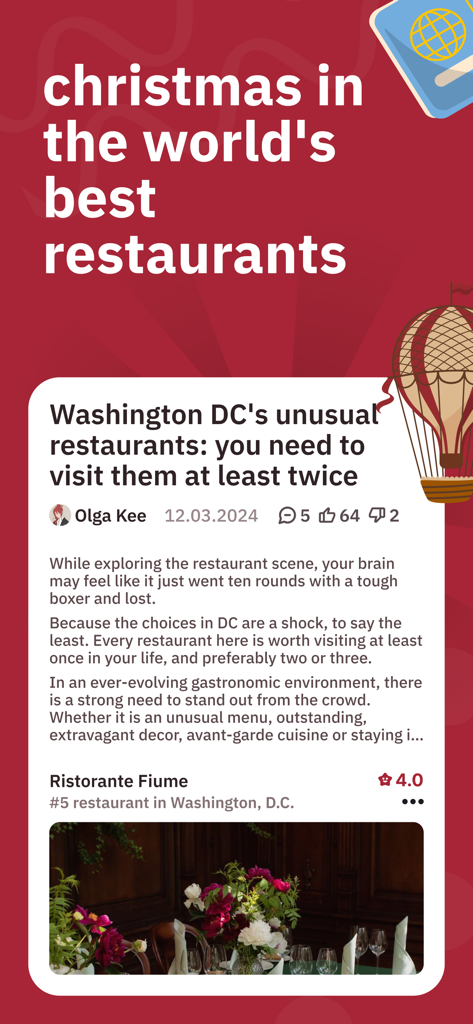 Um artigo de blog no aplicativo Restaurant Advisor intitulado Restaurantes incomuns de Washington DC apresentando o Ristorante Fiume.