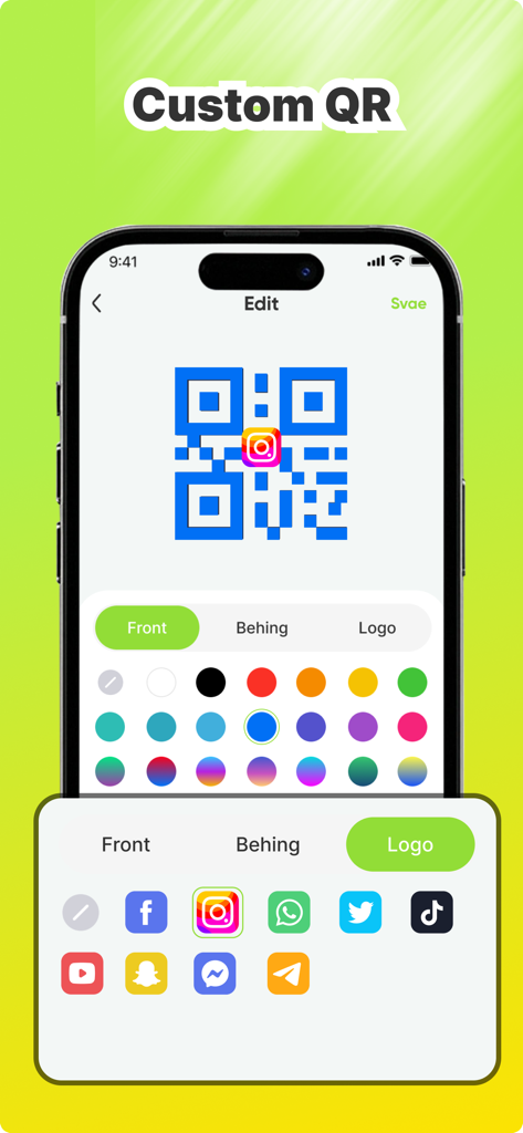 QR Scan & Smart Code Reader - Interface para projetar códigos QR personalizados com várias cores e logotipos de mídia social