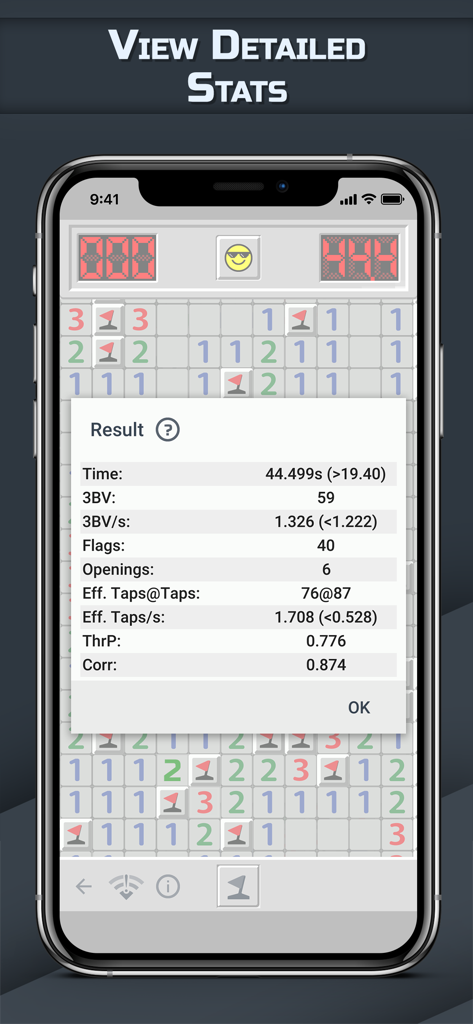 Minesweeper GO - classic game - Una captura de pantalla de la aplicación Minesweeper GO que muestra un resultado de juego detallado con estadísticas de rendimiento como el tiempo y las métricas 3BV