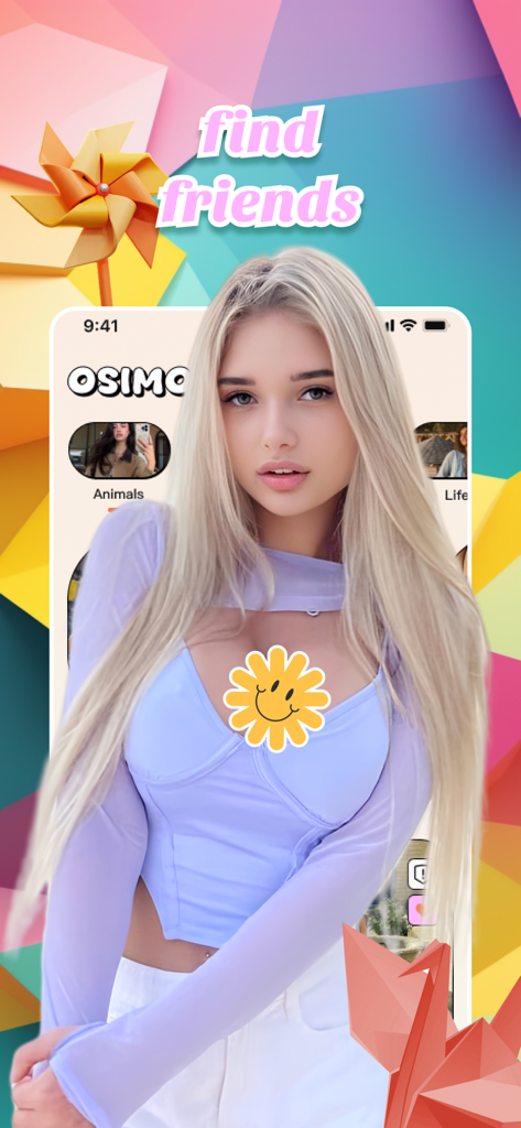 Osimo - Connect, Enjoy & Chat - Interfaccia dell'app Osimo con un membro della community con decorazioni origami e il testo trova amici