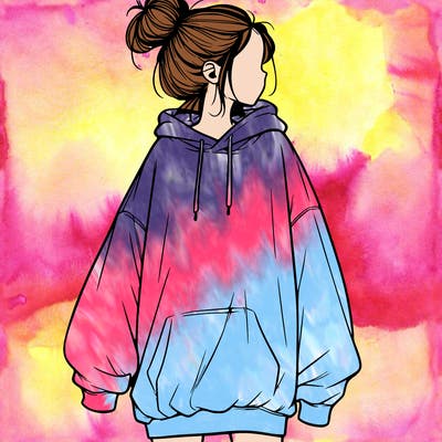 realistic girl with a oversized sweatshirt on and a bun