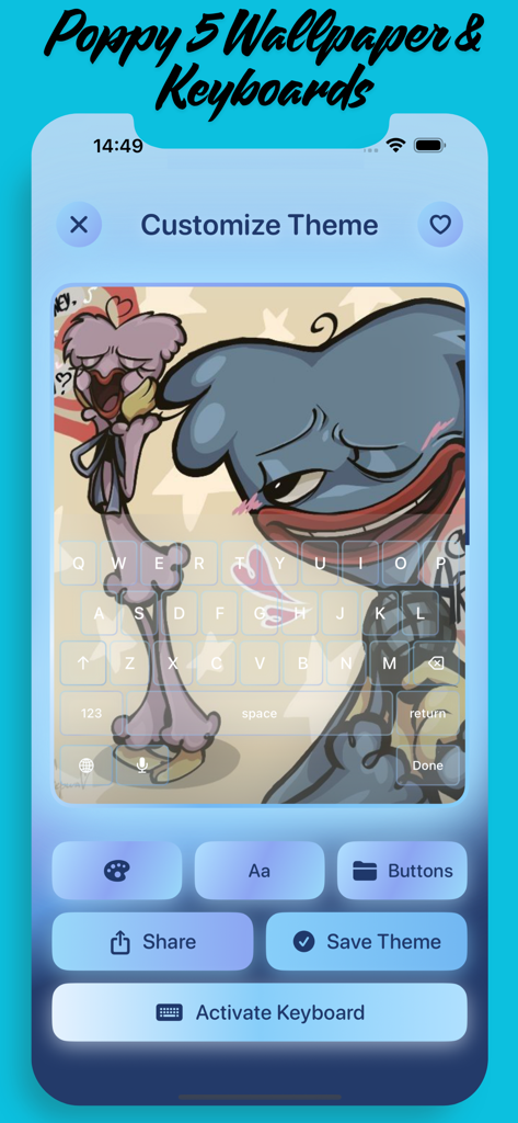 Interfaz de la aplicación móvil que muestra una vista previa de un tema de teclado personalizado con fanart de Poppy 5 y botones azules