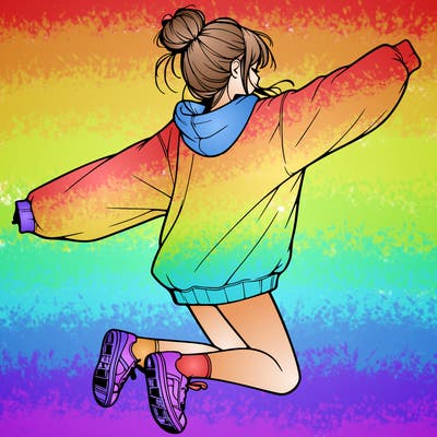 realistic girl jumping with a bun and oversized sweatshirt