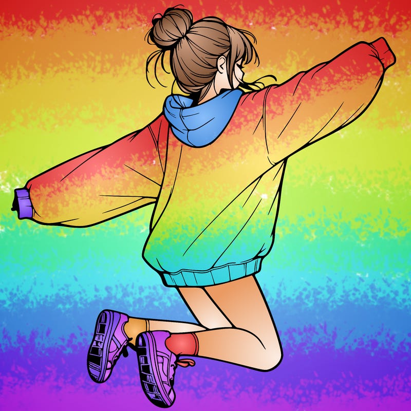 realistic girl jumping with a bun and oversized sweatshirt