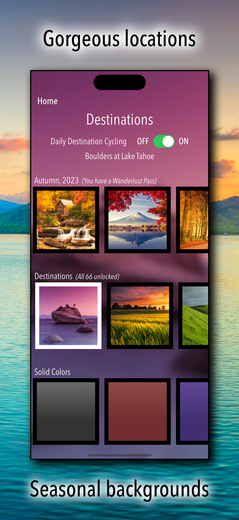 Crossword Puzzles! - A menu showing gorgeous travel destinations and seasonal backgrounds for crossword puzzles.