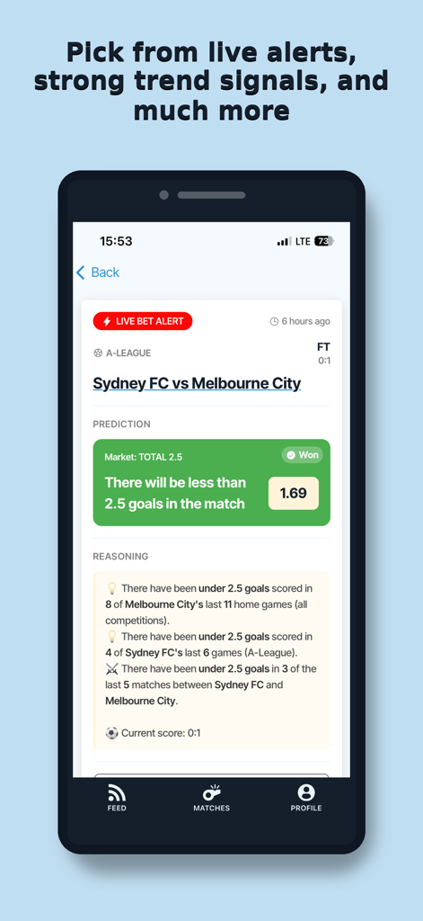 ProTipster: Betting Tips Feed - A mobile screen showing a live bet alert for a soccer match between Sydney FC and Melbourne City with a won prediction and analytical reasoning