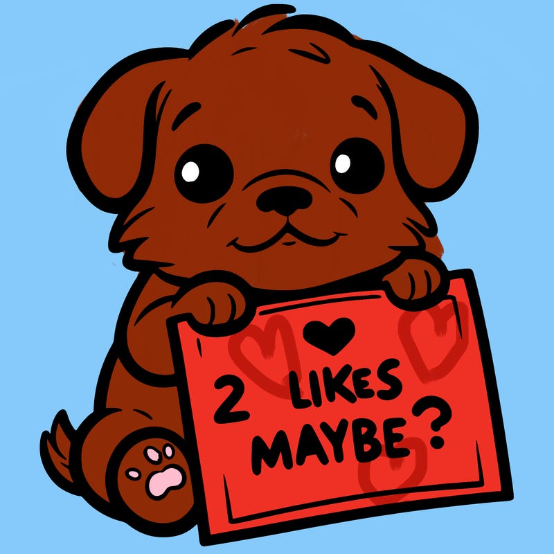 a puppy holding a sign that says 2 likes maybe?