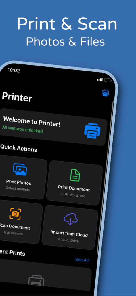 Tableau de bord de l'application mobile Print Master montrant des actions rapides pour imprimer des photos, imprimer des documents, numériser des documents et importer des fichiers depuis le cloud