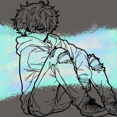 a male hoddie ripped jeans messy hair anime