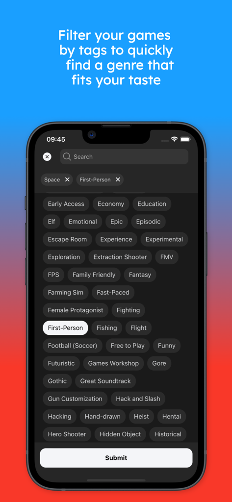 DeckFilter - Interfaccia di ricerca in DeckFilter che mostra vari tag di categorie di giochi per la gestione della libreria Steam.
