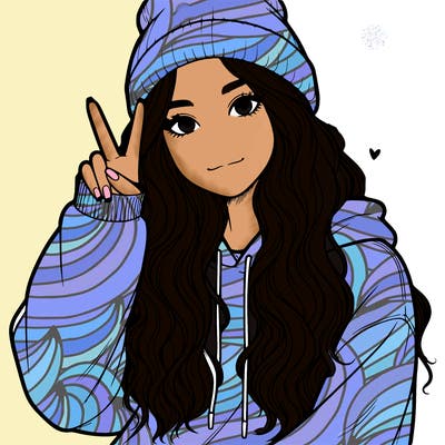 a teenage girl in a beanie, oversized sweatshirt, wavy long hair, and is showing a ✌️