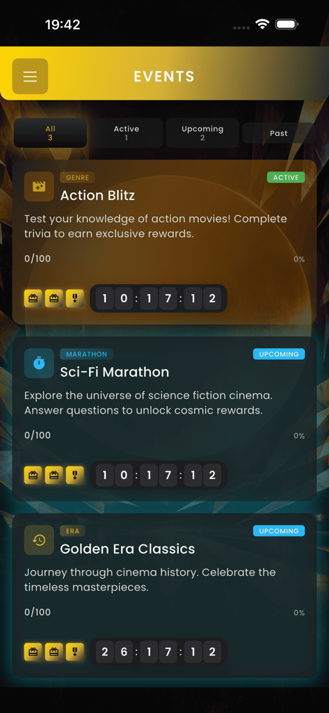 Flickory - The events screen of the Flickory app showing movie trivia challenges like Action Blitz and Sci-Fi Marathon with progress bars and timers.