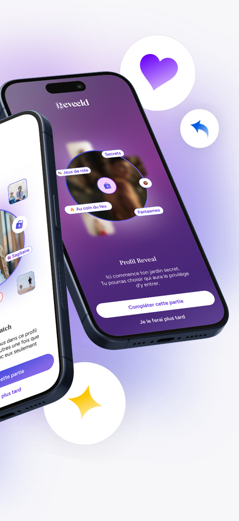 Reveeld - Dating LGBTQ+ - Dos iPhones mostrando la interfaz de la aplicación de citas LGBTQ+ Reveeld con el sistema de desbloqueo de Perfil en Evolución.
