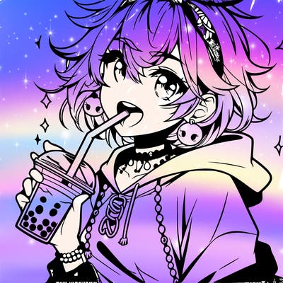 hot baddie anime girl drinking boba and biting the straw