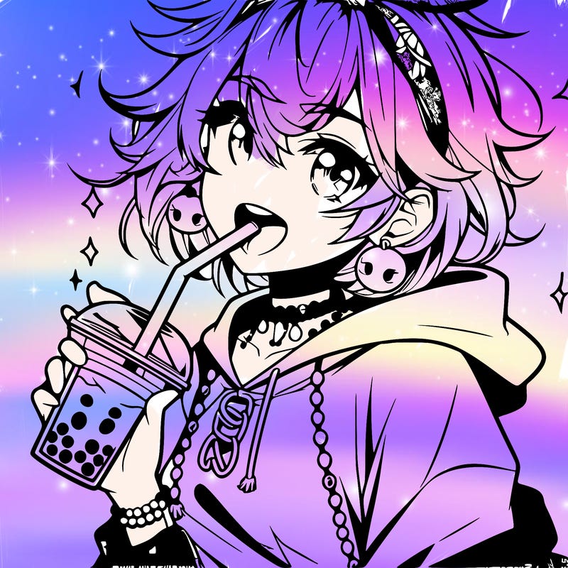 hot baddie anime girl drinking boba and biting the straw